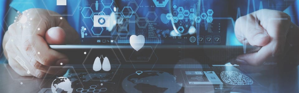 healthcare data graphic overlayed on photo of nurse holding tablet