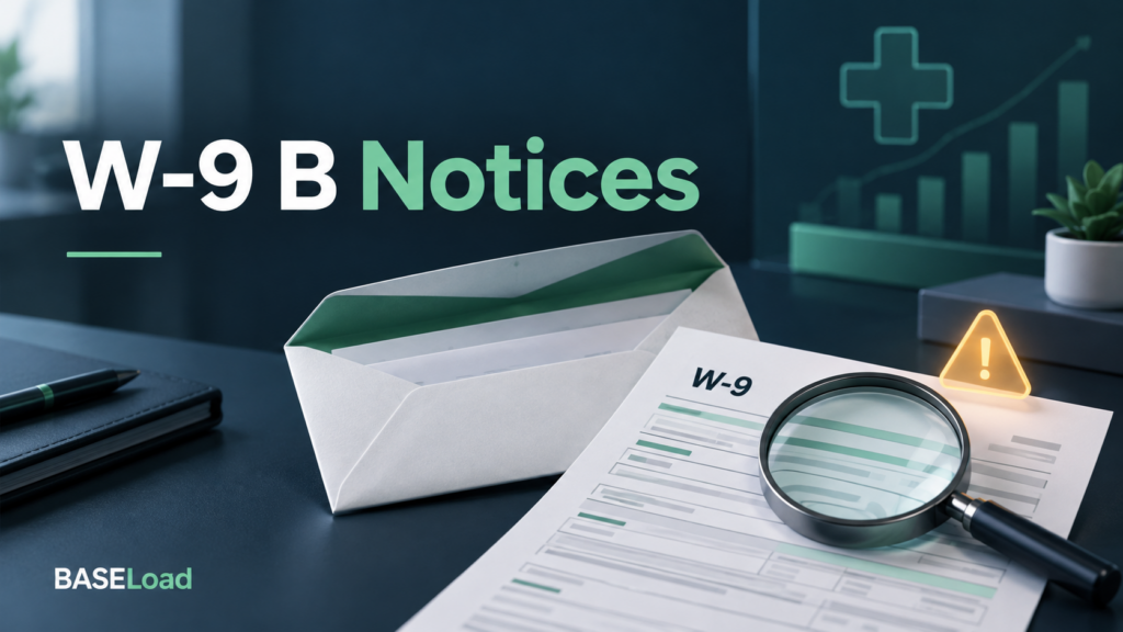W-9 form, notice envelope, and magnifier illustrating a healthcare payer B-notice review