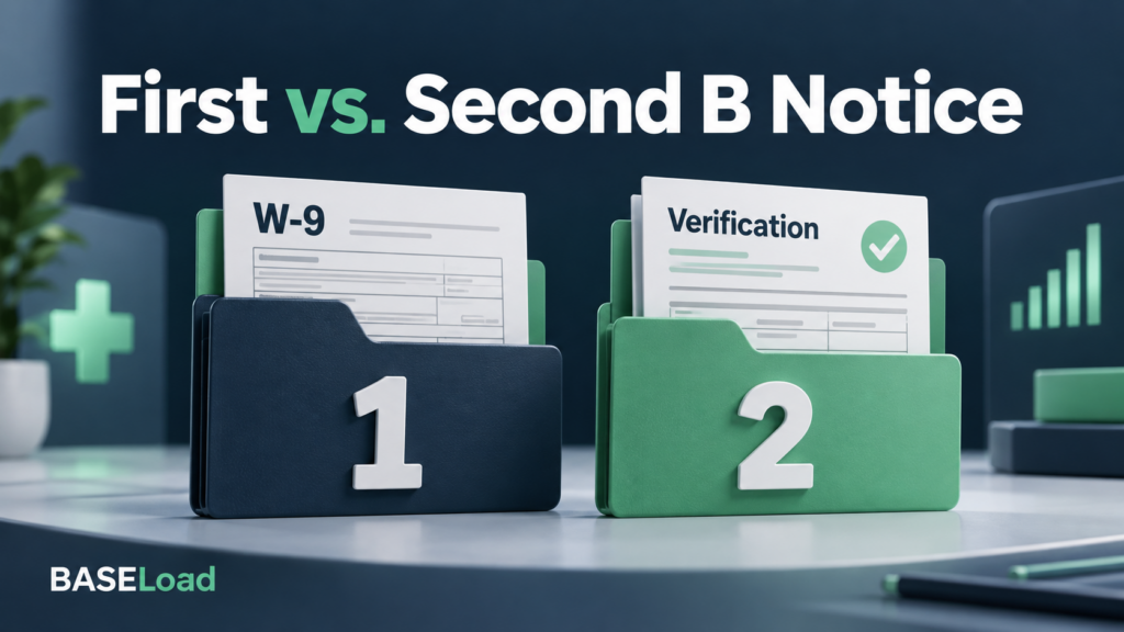 First and second B-notice folders contrasting a W-9 request with agency validation